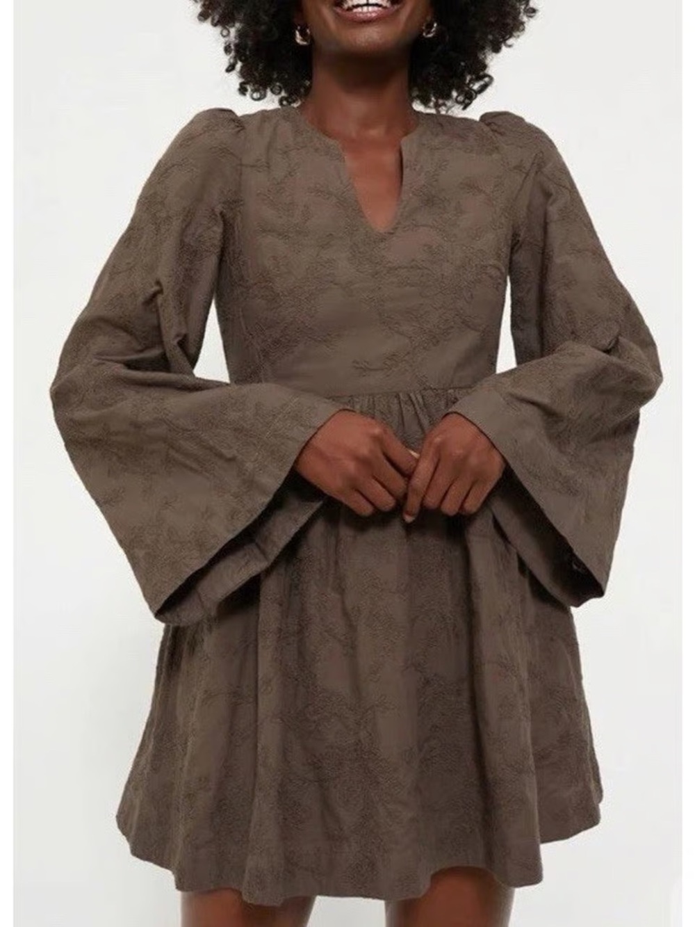Hyacinth House Embroidered Cotton Mini Dress Brown XS NWT Puff Sleeve